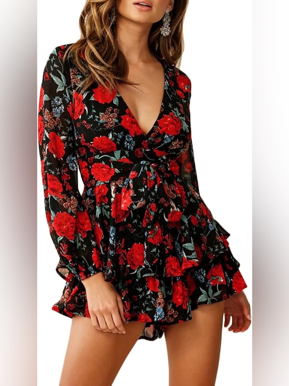 New Amazon Floral Deep V Ruffle Tiered Long Sleeve Romper Size Small